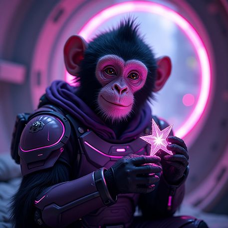 Chimpancé futurista sosteniendo una estrella luminosa en ambiente espacial