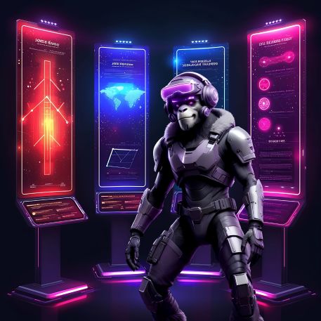 Ilustración futurista de mono digital frente a paneles holográficos representando flexibilidad en diseño web