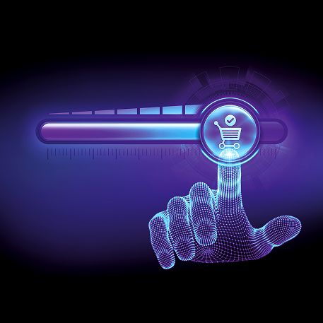 Mano digital presionando botón de compra con efecto futurista azul