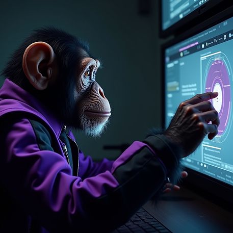 Chimpancé observando pantallas holográficas analizando datos de conversión