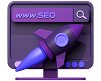 Icono de monitor con SEO y cohete representando posicionamiento web en marketing digital