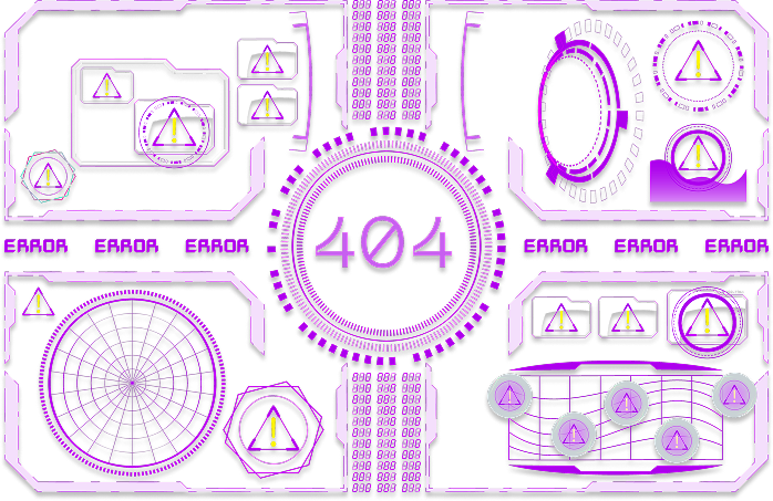 Interfaz digital futurista color púrpura con mensaje de error 404 y símbolos de advertencia