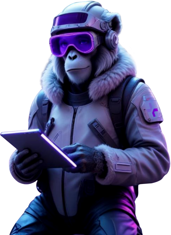 Ilustración de mono futurista con tablet representando a la agencia de marketing digital Monkey Plus