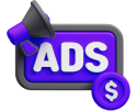 Icono 3D púrpura con letrero de ADS y símbolo de dólar