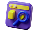 Icono 3D púrpura y amarillo con lupa representando el SEO