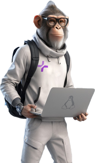 Ilustración de mono tecnológico con laptop representando el área de desarrollo web