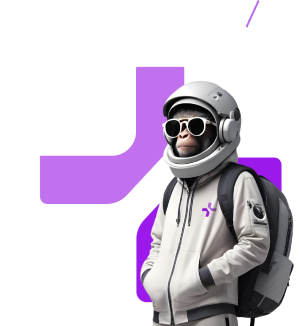 Ilustración de mono astronauta con mochila y texto Exploradores Digitales