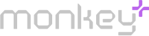 Logotipo gris y púrpura de Monkey Plus usado en el encabezado del sitio web