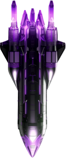 Nave espacial metálica con luces púrpura, símbolo de innovación tecnológica de Monkey Plus