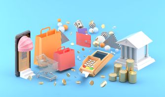 Ilustración 3D con bolsas de compra, carrito y terminal de pago