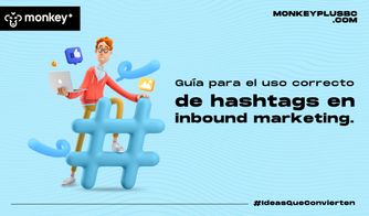 Ilustración de persona con laptop y símbolo de hashtag gigante representando inbound marketing