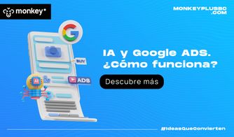 Ilustración con robot de inteligencia artificial y elementos de Google Ads sobre fondo azul