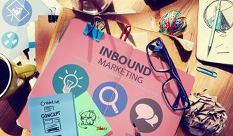 Carpeta con ilustraciones y notas sobre inbound marketing en una mesa