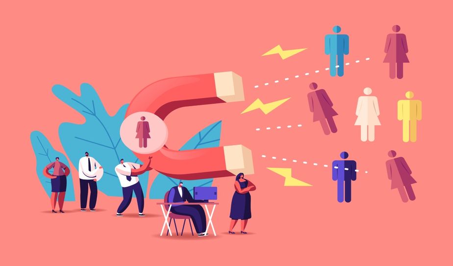 Mano descubriendo la frase inbound marketing en un papel rodeado de dibujos de negocios