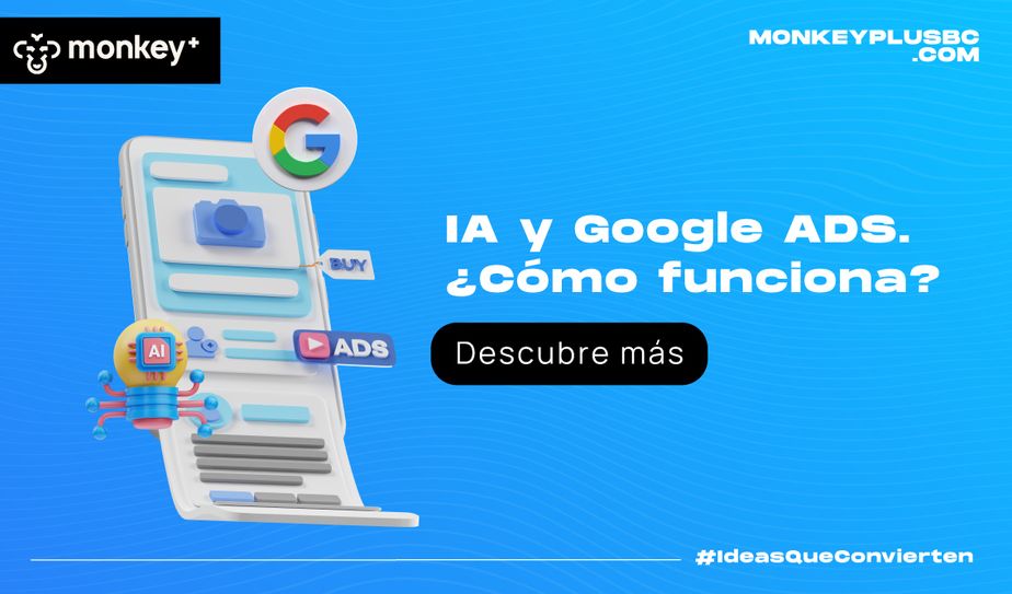 Ilustración con robot de inteligencia artificial y elementos de Google Ads sobre fondo azul