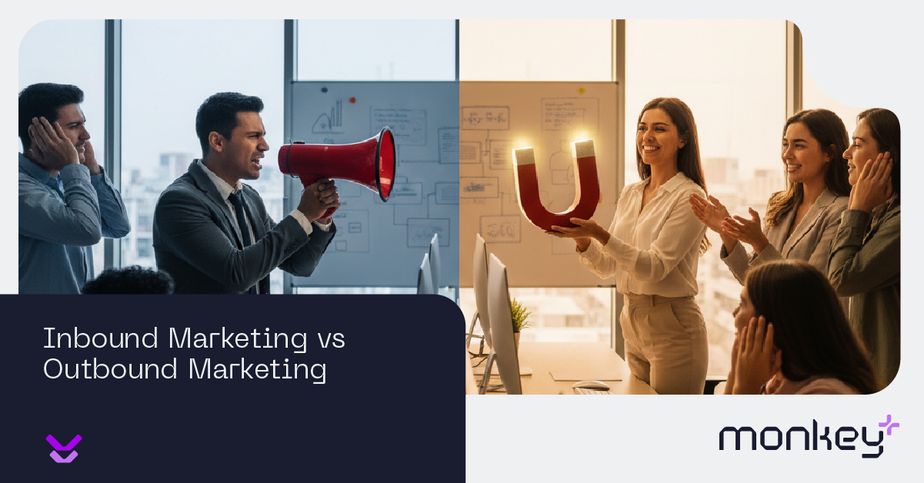 Ilustración comparando inbound y outbound marketing con megáfono y magneto