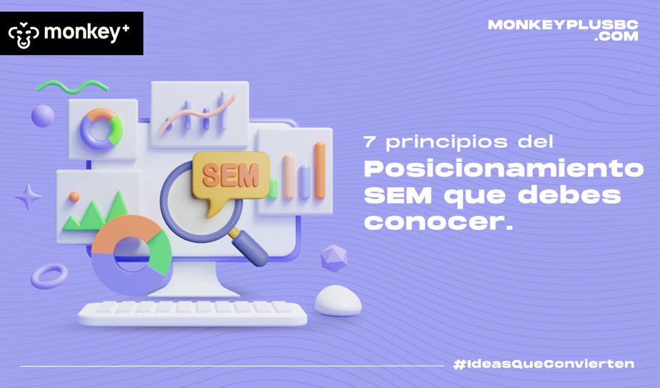 Laptop con texto SEM y una lupa digital representando el marketing en buscadores