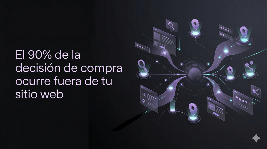 Portada de blog con fondo oscuro. Texto en blanco a la izquierda: 'El 90% de la decisión de compra ocurre fuera de tu sitio web'. A la derecha, una visualización futurista de red con pines de ubicación, iconos de búsqueda, estrellas de reseñas y ventanas de interfaz flotantes conectadas por líneas moradas brillantes, simbolizando un viaje del cliente descentralizado.