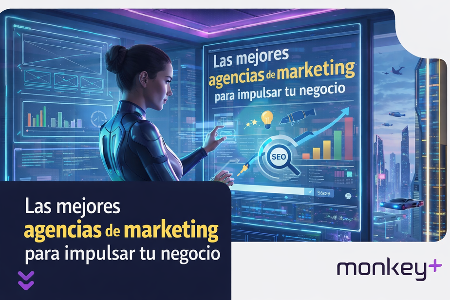 Ilustración futurista sobre las mejores agencias de marketing impulsando el crecimiento de un negocio con estrategias digitales y SEO