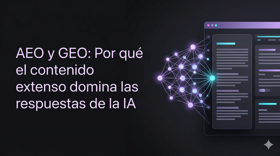 Ilustración tecnológica premium que presenta el texto del título "AEO y GEO: Por qué el contenido extenso domina las respuestas de la IA" en una tipografía sans-serif moderna sobre un fondo oscuro. A la derecha, una red geométrica de nodos violetas brillantes se conecta a una interfaz de navegador web futurista que muestra secciones de contenido estructurado con acentos de luz cian y púrpura, simbolizando la optimización de contenido para motores generativos de IA.